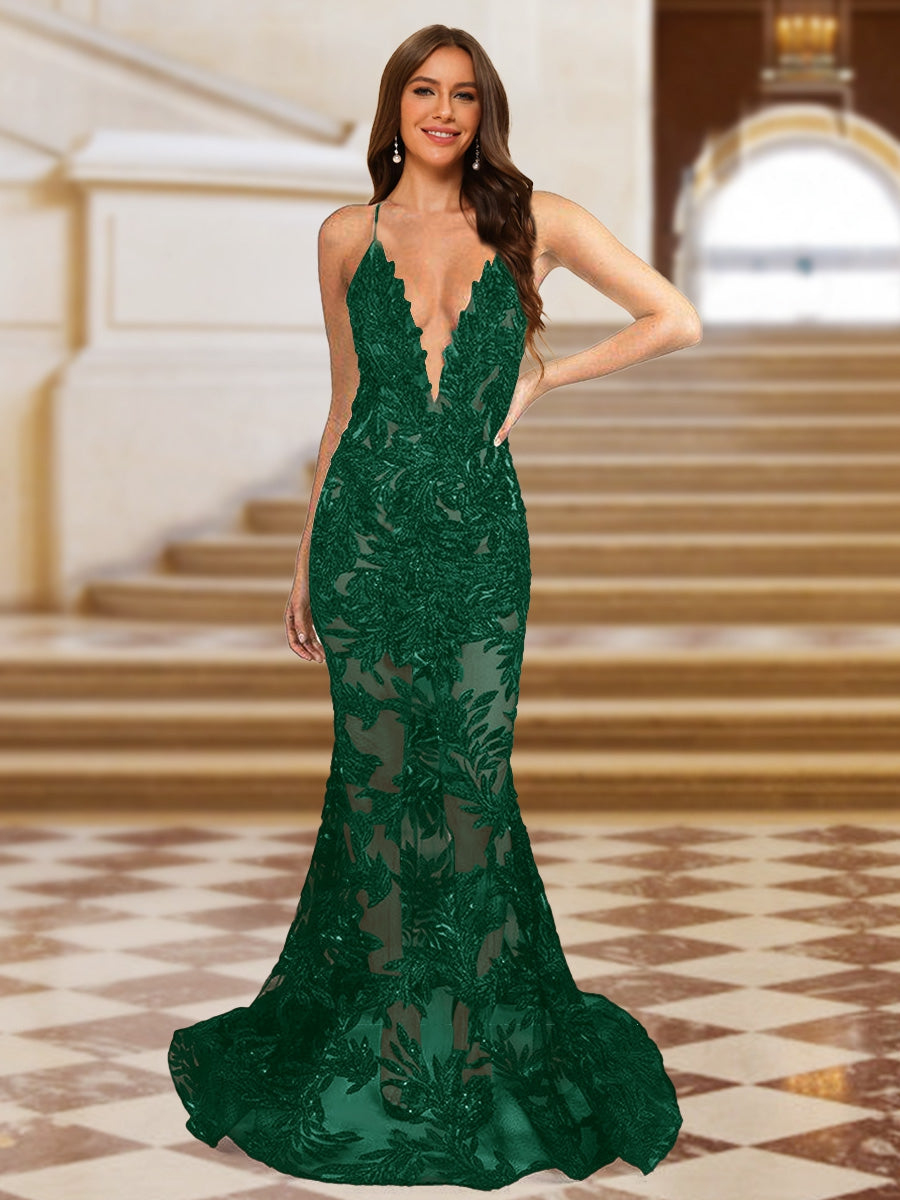 Trumpet/Mermaid V-Neck Sleeveless Evening Dresses with Applique