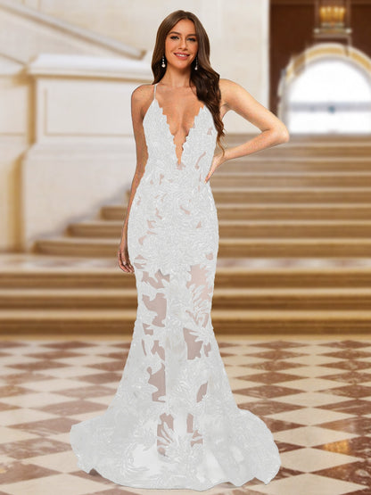 Trumpet/Mermaid V-Neck Sleeveless Evening Dresses with Applique