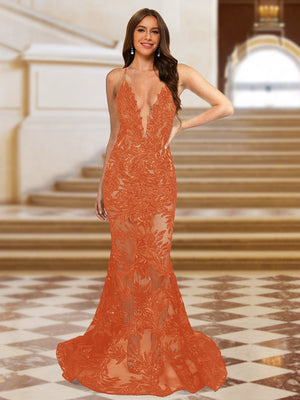 Trumpet/Mermaid V-Neck Sleeveless Evening Dresses with Applique