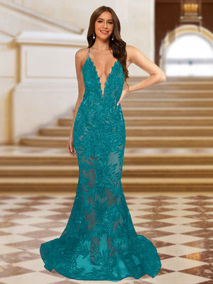 Trumpet/Mermaid V-Neck Sleeveless Evening Dresses with Applique