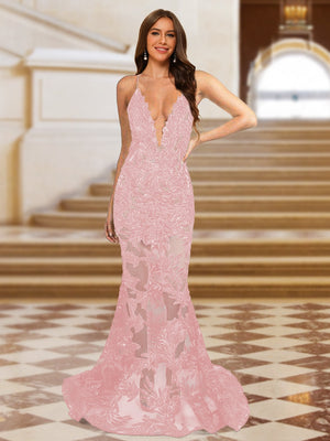 Trumpet/Mermaid V-Neck Sleeveless Evening Dresses with Applique