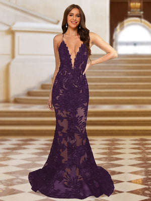Trumpet/Mermaid V-Neck Sleeveless Evening Dresses with Applique