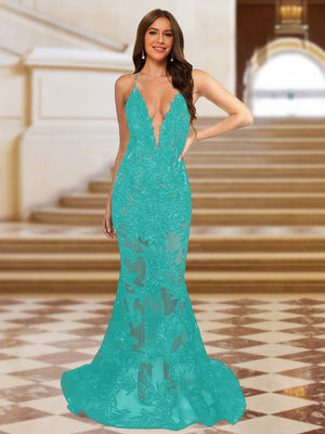 Trumpet/Mermaid V-Neck Sleeveless Evening Dresses with Applique