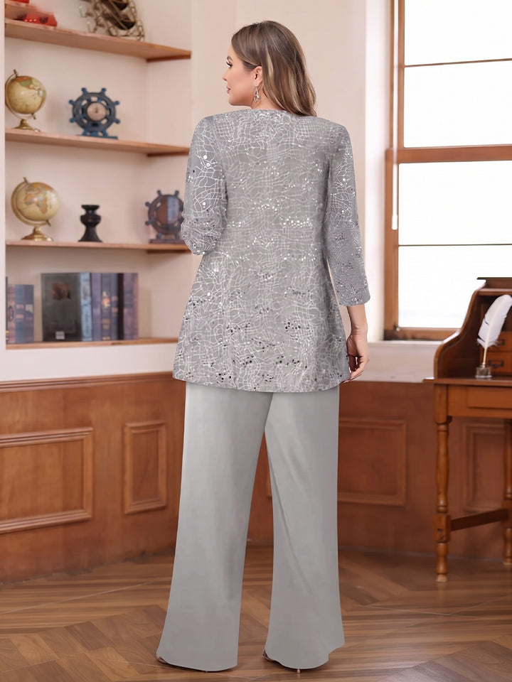 Chiffon Scoop 3/4 Sleeves 3 Pieces Pantsuits with Sequin&amp; Jacket