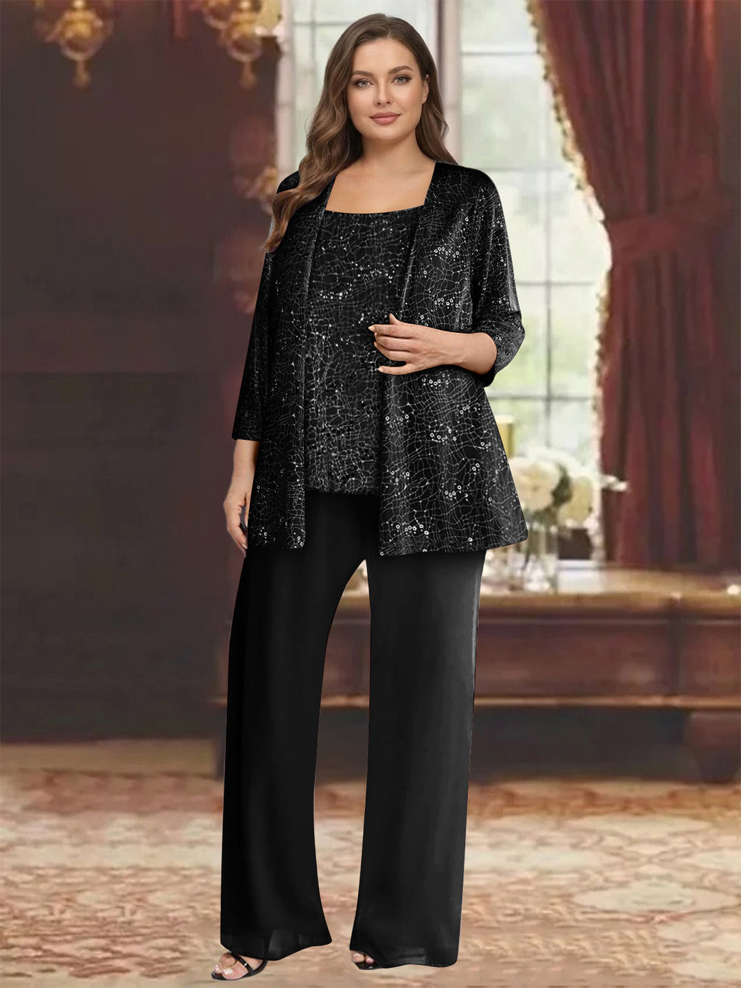 Chiffon Scoop 3/4 Sleeves 3 Pieces Pantsuits with Sequin&amp; Jacket