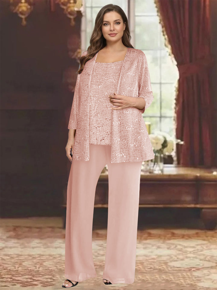 Chiffon Scoop 3/4 Sleeves 3 Pieces Pantsuits with Sequin&amp; Jacket