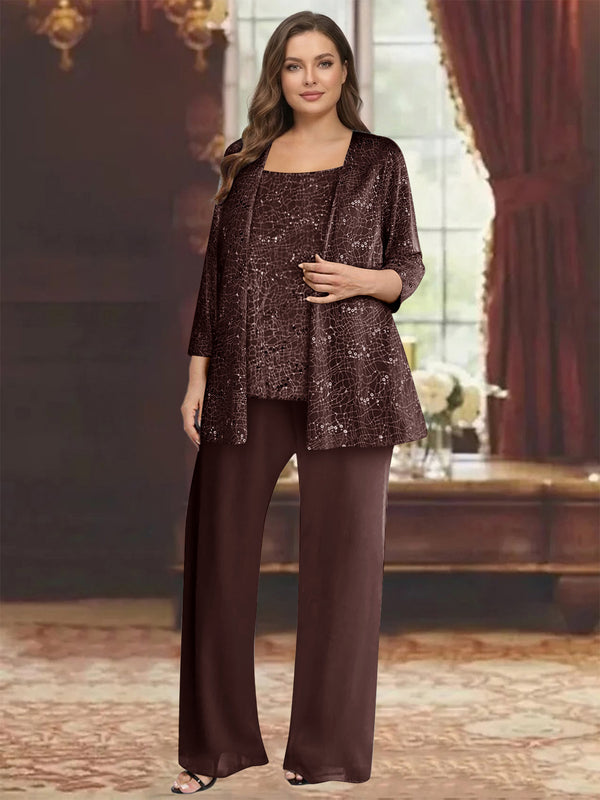 Chiffon Scoop 3/4 Sleeves 3 Pieces Pantsuits with Sequin& Jacket
