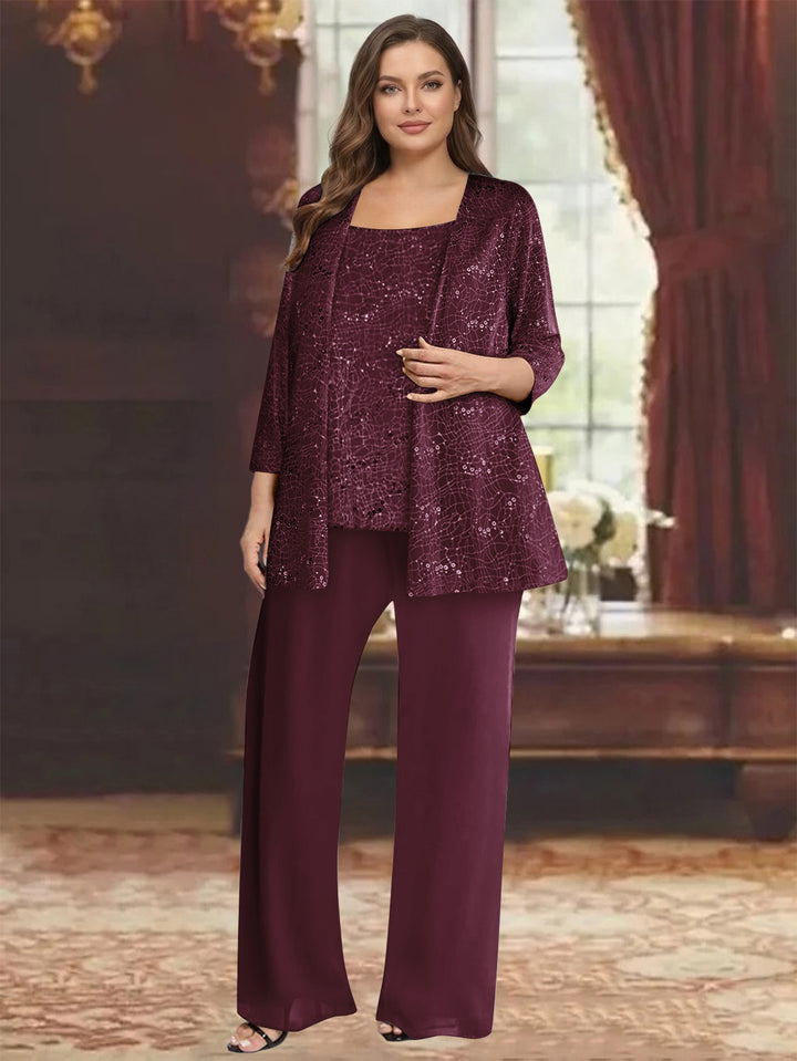 Chiffon Scoop 3/4 Sleeves 3 Pieces Pantsuits with Sequin&amp; Jacket