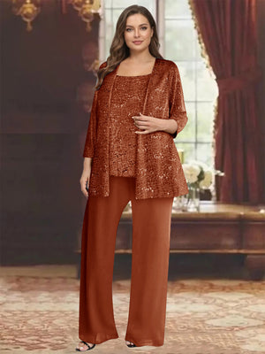 Chiffon Scoop 3/4 Sleeves 3 Pieces Pantsuits with Sequin& Jacket