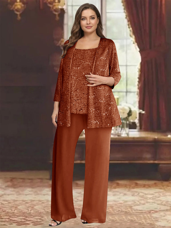 Chiffon Scoop 3/4 Sleeves 3 Pieces Pantsuits with Sequin& Jacket