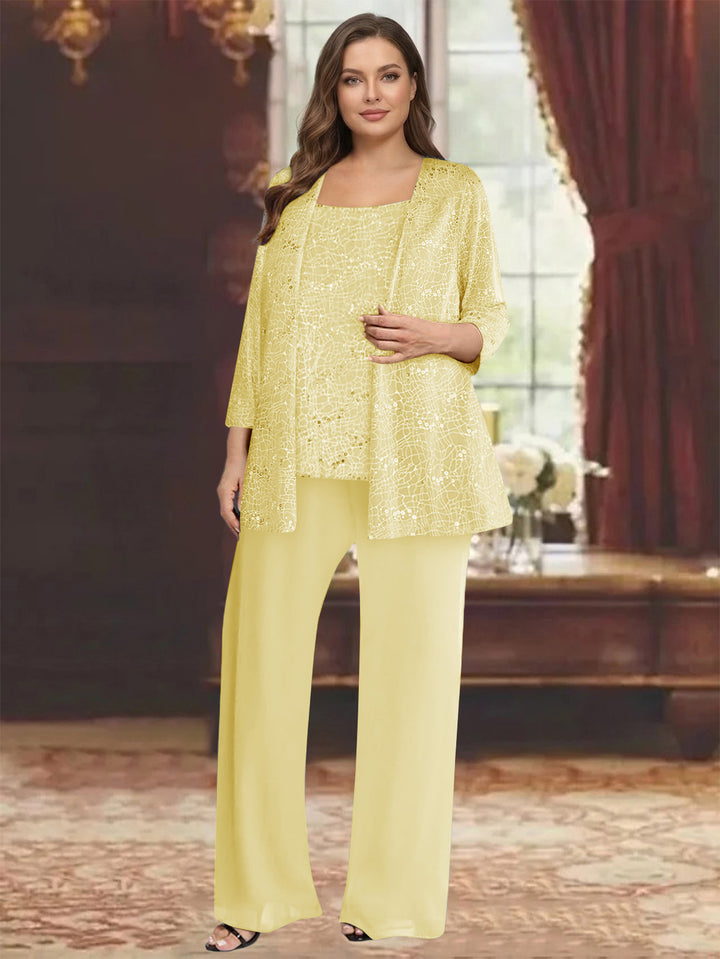 Chiffon Scoop 3/4 Sleeves 3 Pieces Pantsuits with Sequin&amp; Jacket