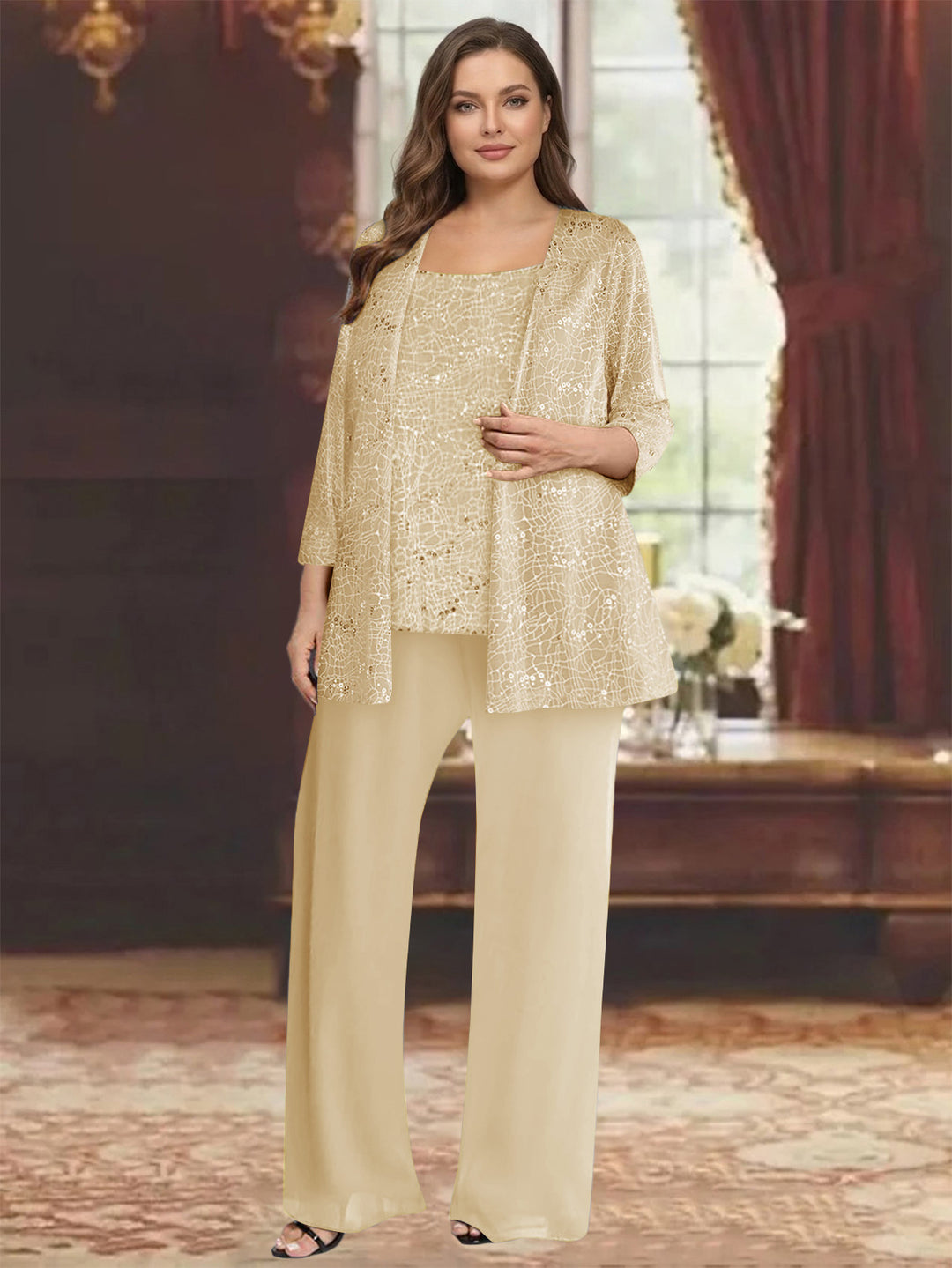 Chiffon Scoop 3/4 Sleeves 3 Pieces Pantsuits with Sequin&amp; Jacket