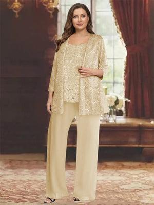 Chiffon Scoop 3/4 Sleeves 3 Pieces Pantsuits with Sequin& Jacket