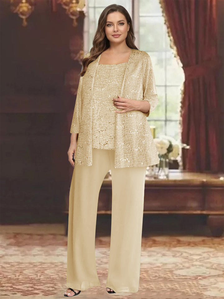 Chiffon Scoop 3/4 Sleeves 3 Pieces Pantsuits with Sequin&amp; Jacket