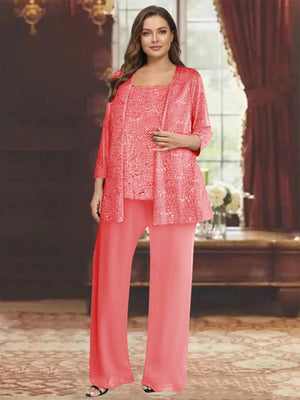 Chiffon Scoop 3/4 Sleeves 3 Pieces Pantsuits with Sequin& Jacket