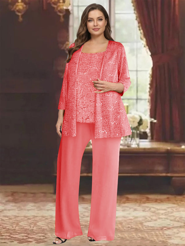 Chiffon Scoop 3/4 Sleeves 3 Pieces Pantsuits with Sequin& Jacket