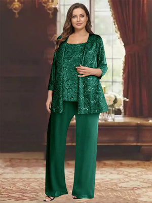 Chiffon Scoop 3/4 Sleeves 3 Pieces Pantsuits with Sequin& Jacket
