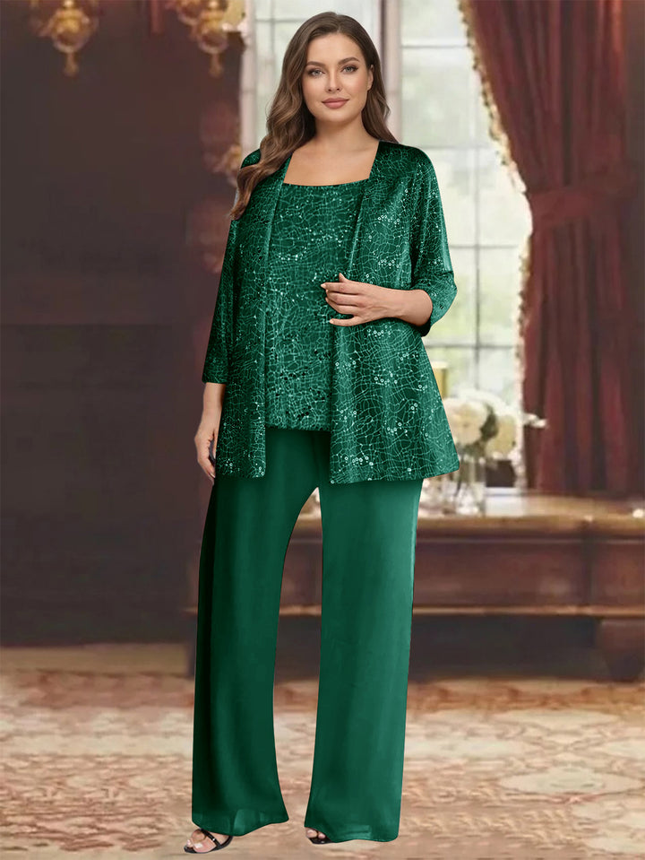 Chiffon Scoop 3/4 Sleeves 3 Pieces Pantsuits with Sequin&amp; Jacket