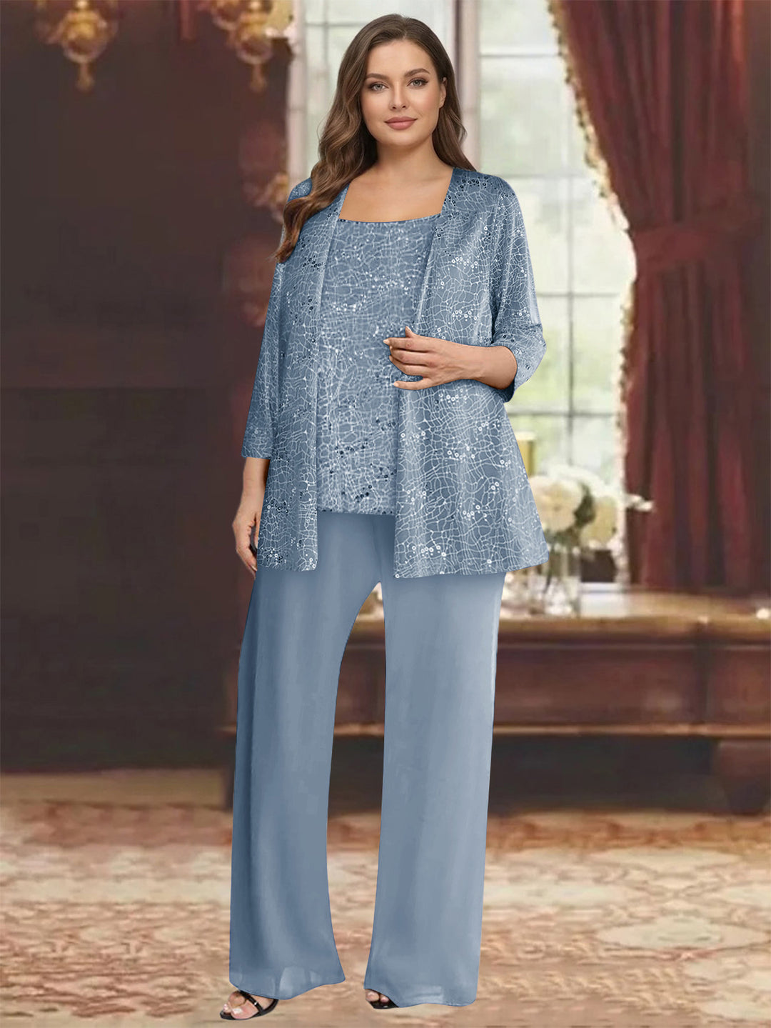 Chiffon Scoop 3/4 Sleeves 3 Pieces Pantsuits with Sequin&amp; Jacket