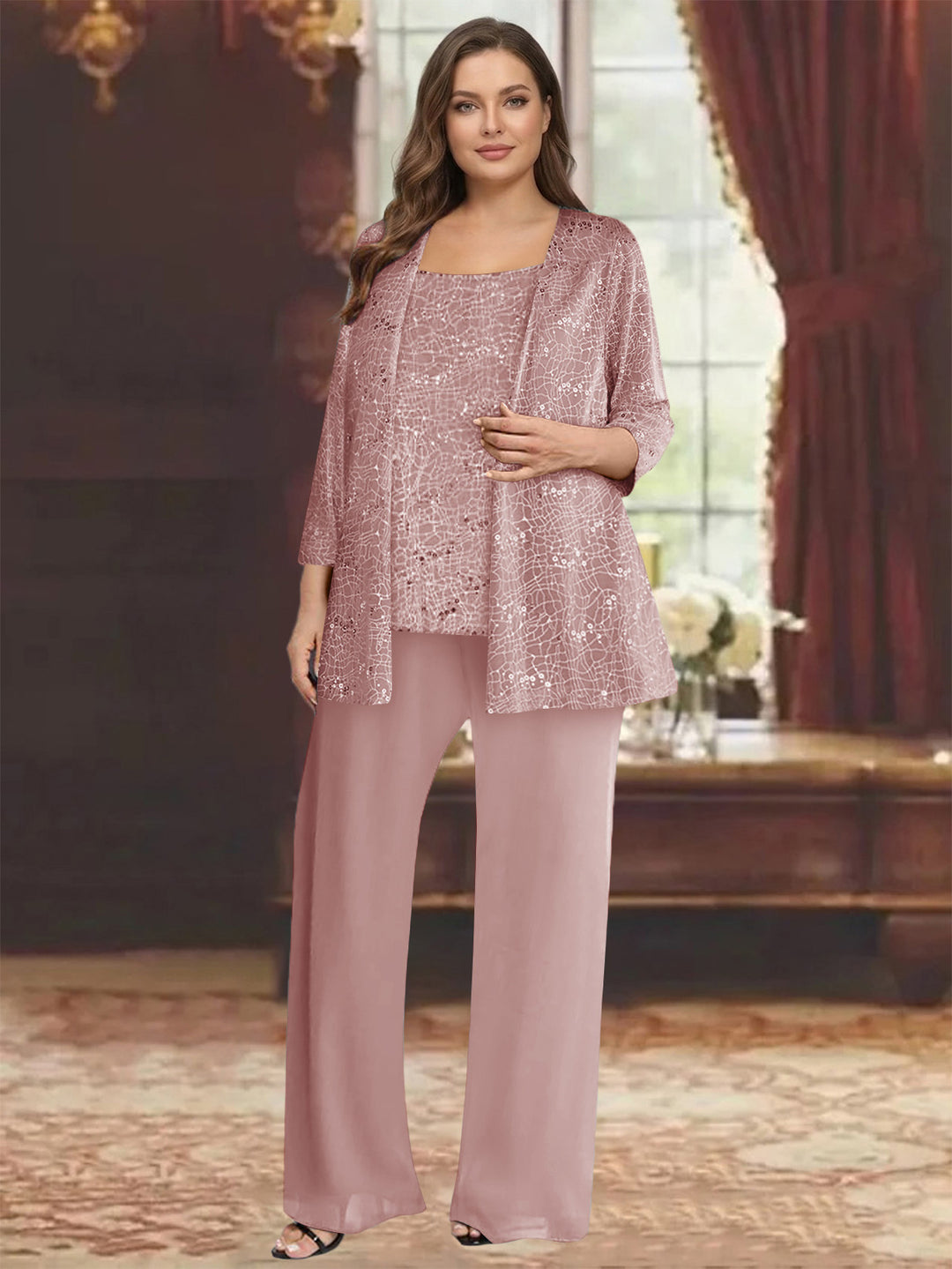 Chiffon Scoop 3/4 Sleeves 3 Pieces Pantsuits with Sequin&amp; Jacket