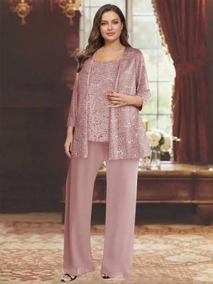 Chiffon Scoop 3/4 Sleeves 3 Pieces Pantsuits with Sequin& Jacket