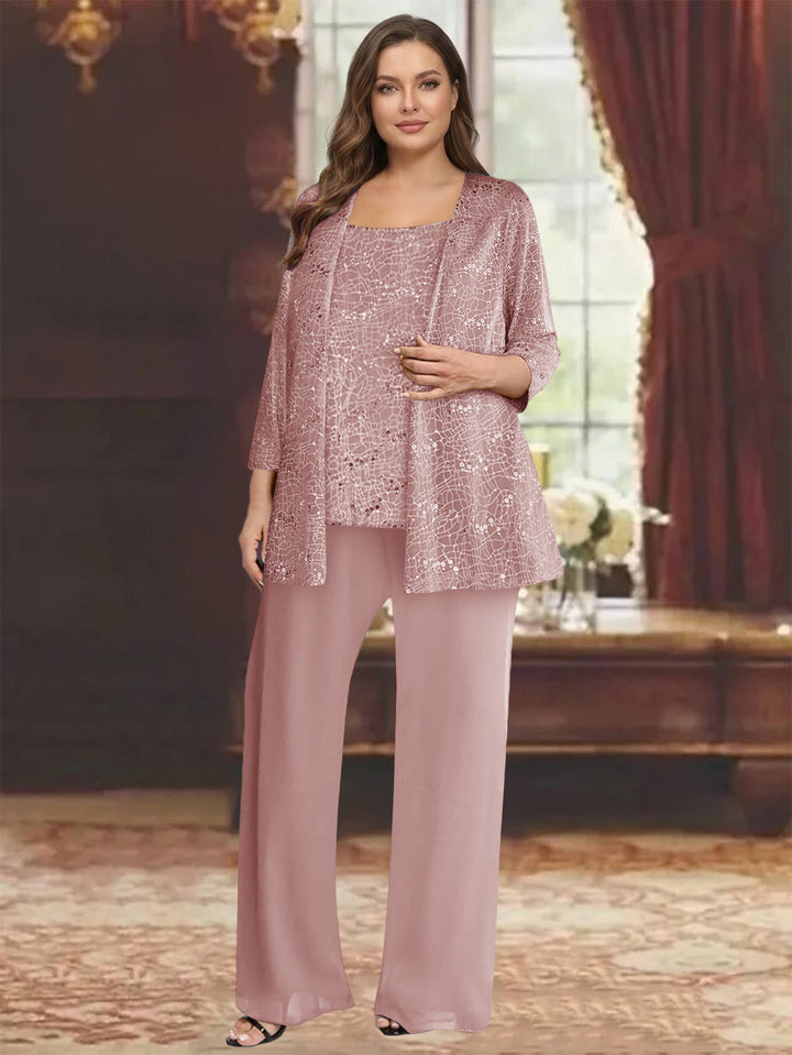 Chiffon Scoop 3/4 Sleeves 3 Pieces Pantsuits with Sequin&amp; Jacket