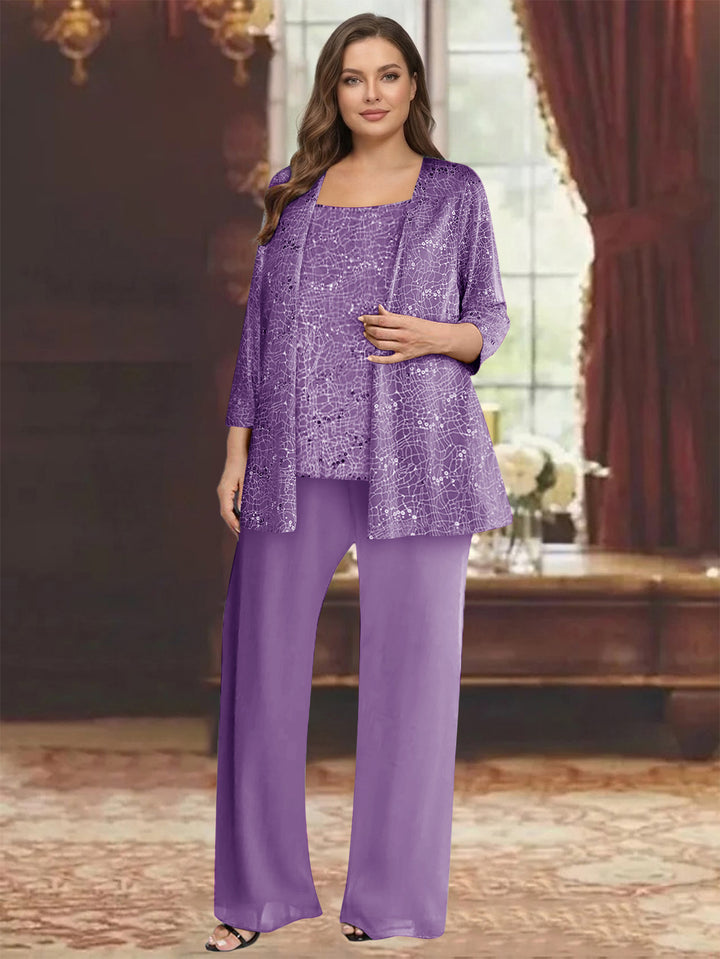 Chiffon Scoop 3/4 Sleeves 3 Pieces Pantsuits with Sequin&amp; Jacket