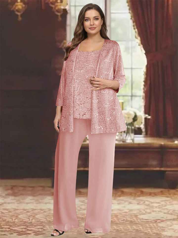 Chiffon Scoop 3/4 Sleeves 3 Pieces Pantsuits with Sequin&amp; Jacket