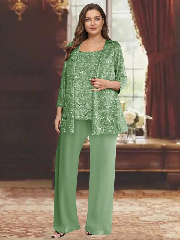 Chiffon Scoop 3/4 Sleeves 3 Pieces Pantsuits with Sequin& Jacket
