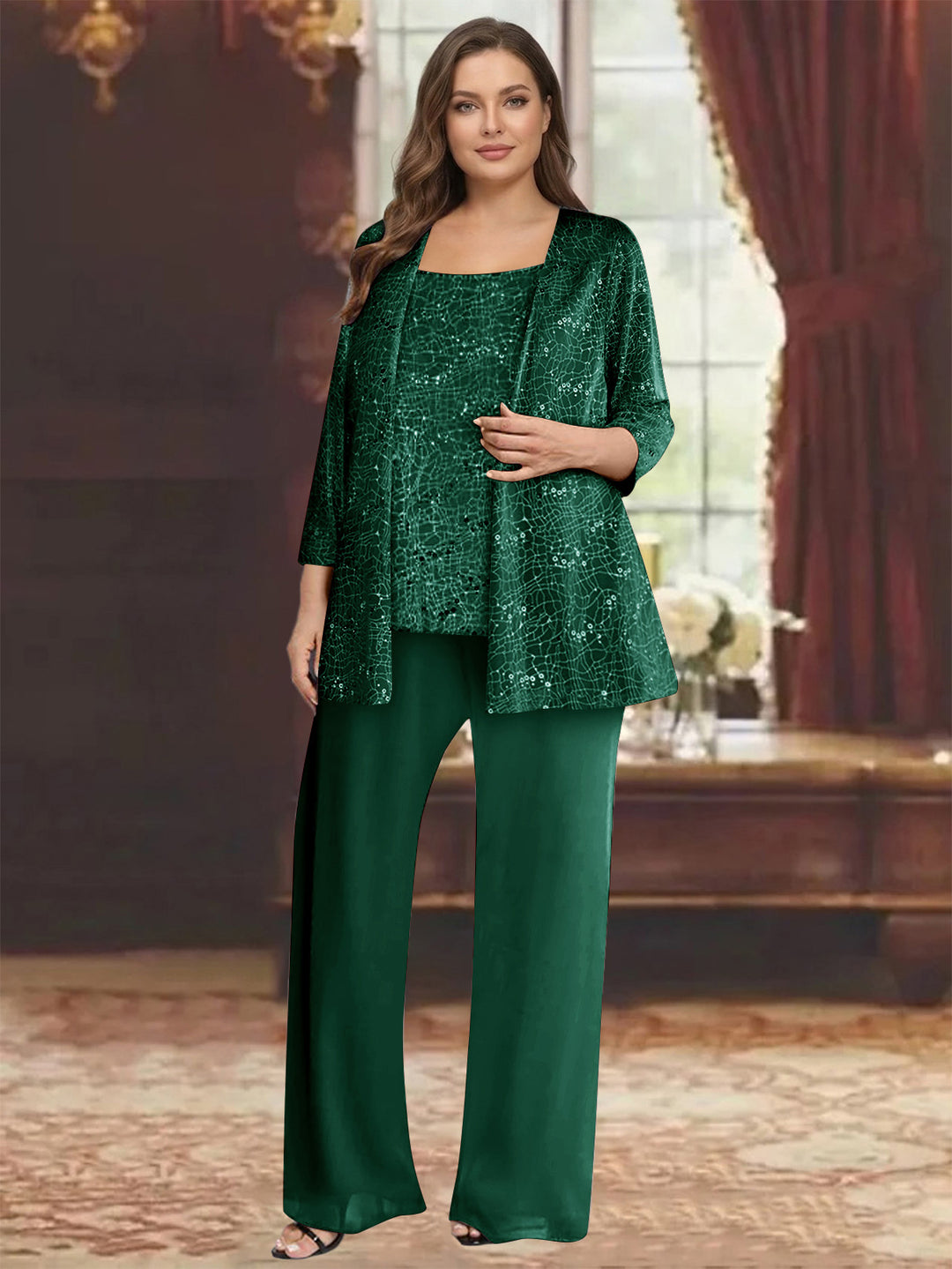 Chiffon Scoop 3/4 Sleeves 3 Pieces Pantsuits with Sequin&amp; Jacket