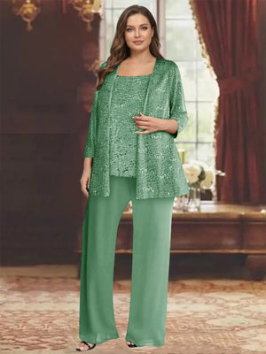 Chiffon Scoop 3/4 Sleeves 3 Pieces Pantsuits with Sequin& Jacket