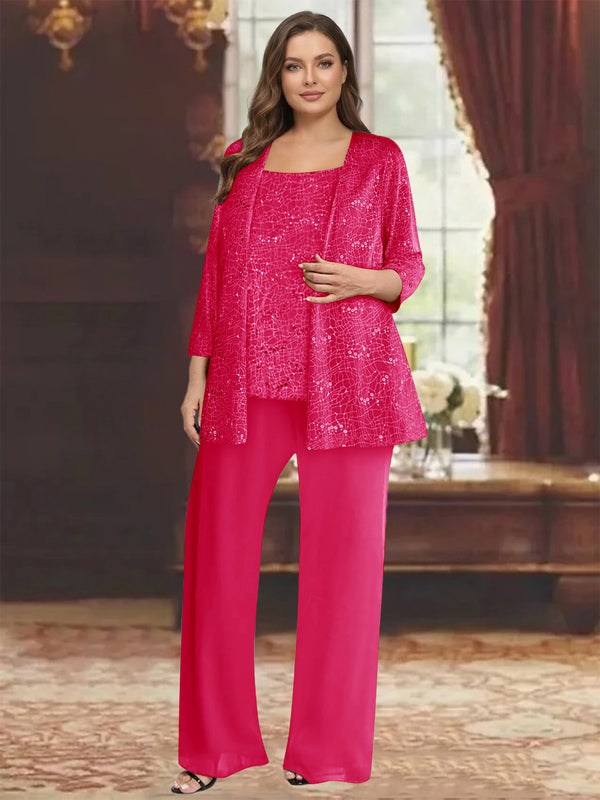 Chiffon Scoop 3/4 Sleeves 3 Pieces Pantsuits with Sequin& Jacket