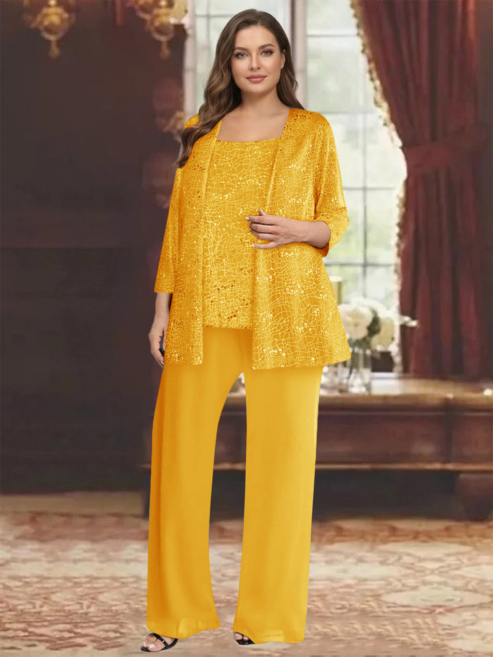 Chiffon Scoop 3/4 Sleeves 3 Pieces Pantsuits with Sequin&amp; Jacket