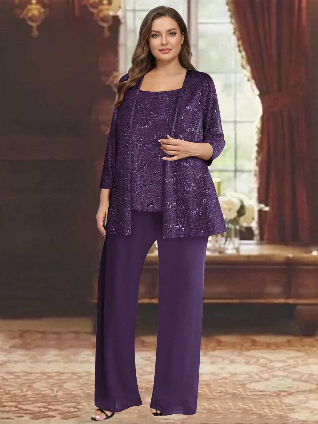 Chiffon Scoop 3/4 Sleeves 3 Pieces Pantsuits with Sequin&amp; Jacket