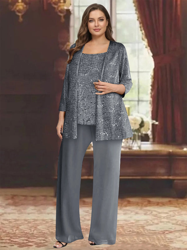 Chiffon Scoop 3/4 Sleeves 3 Pieces Pantsuits with Sequin& Jacket