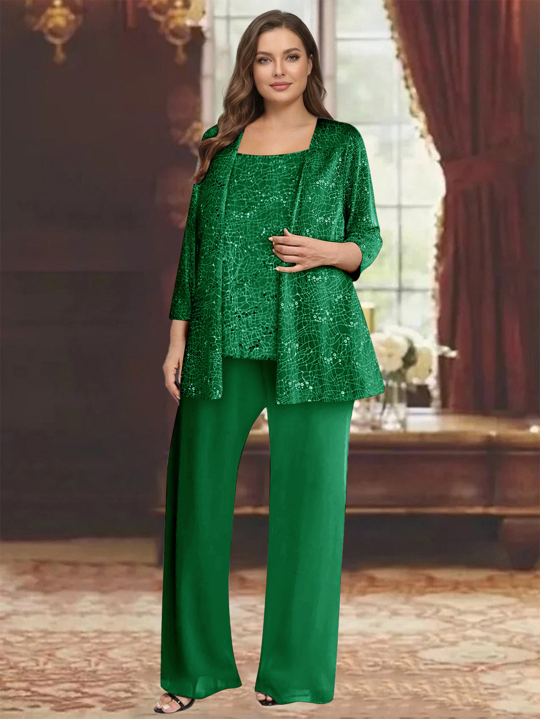 Chiffon Scoop 3/4 Sleeves 3 Pieces Pantsuits with Sequin&amp; Jacket