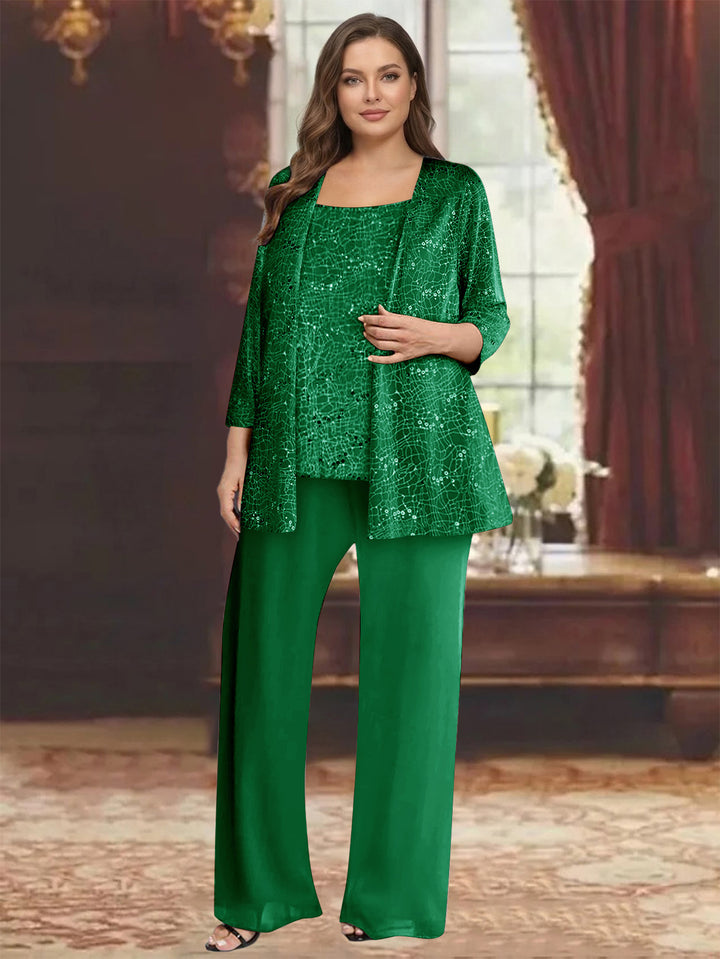 Chiffon Scoop 3/4 Sleeves 3 Pieces Pantsuits with Sequin&amp; Jacket