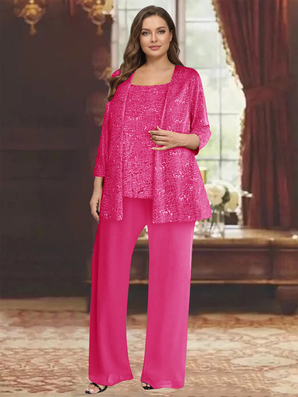 Chiffon Scoop 3/4 Sleeves 3 Pieces Pantsuits with Sequin& Jacket