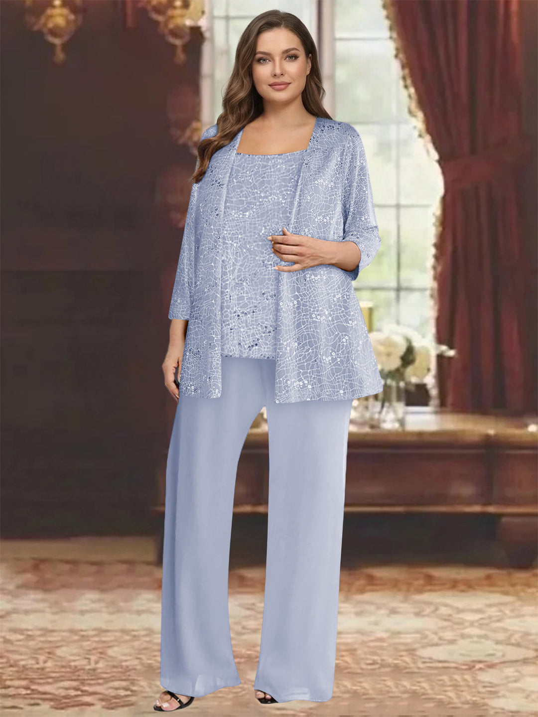 Chiffon Scoop 3/4 Sleeves 3 Pieces Pantsuits with Sequin&amp; Jacket