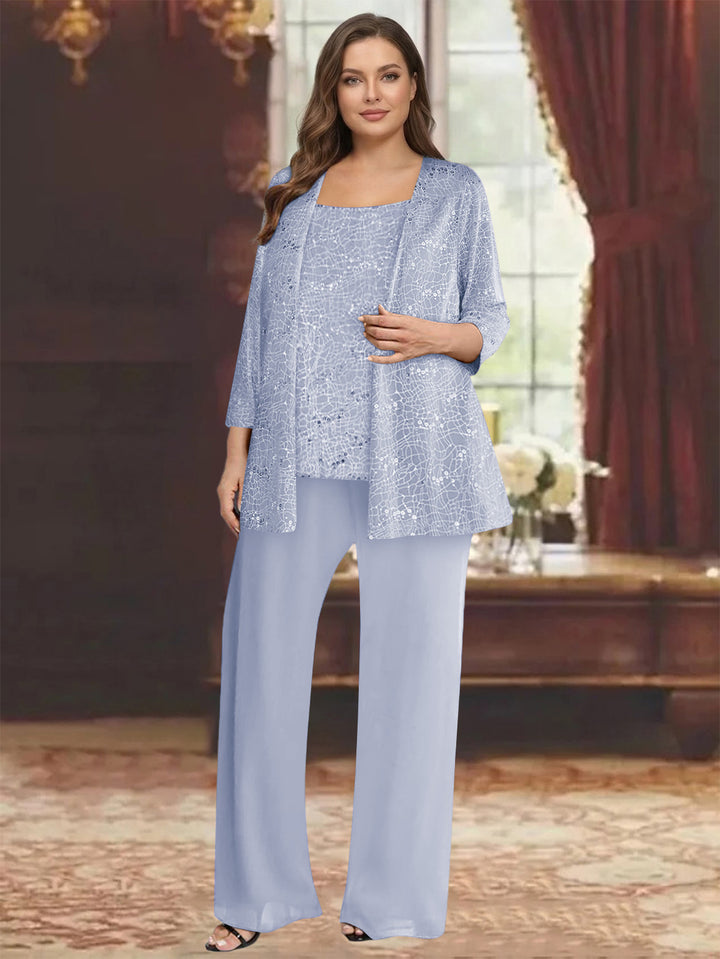 Chiffon Scoop 3/4 Sleeves 3 Pieces Pantsuits with Sequin&amp; Jacket