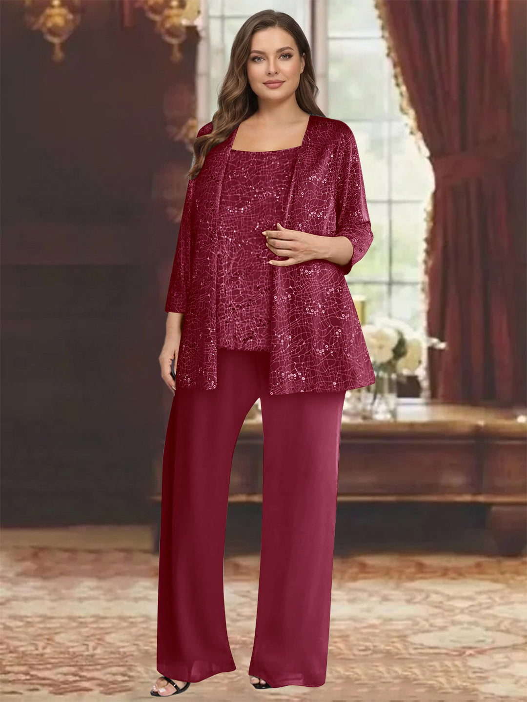 Chiffon Scoop 3/4 Sleeves 3 Pieces Pantsuits with Sequin&amp; Jacket