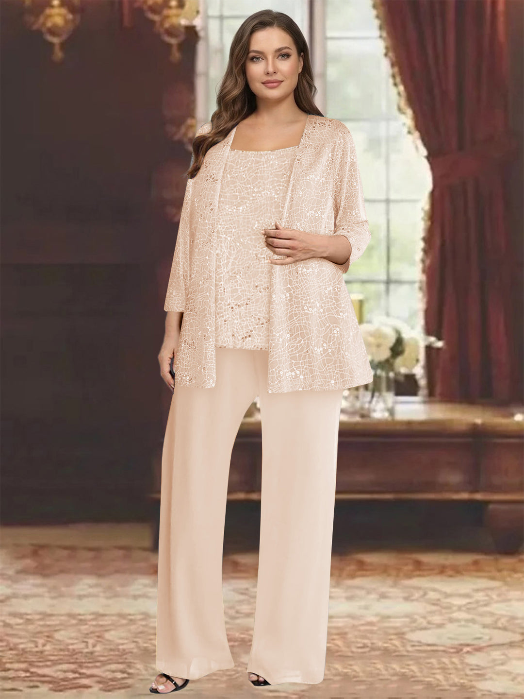 Chiffon Scoop 3/4 Sleeves 3 Pieces Pantsuits with Sequin&amp; Jacket