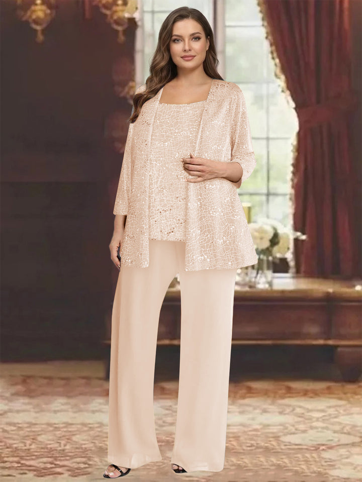 Chiffon Scoop 3/4 Sleeves 3 Pieces Pantsuits with Sequin&amp; Jacket
