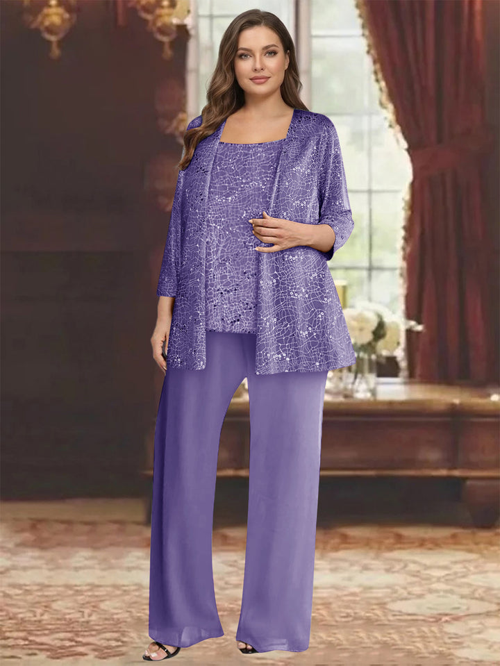 Chiffon Scoop 3/4 Sleeves 3 Pieces Pantsuits with Sequin&amp; Jacket