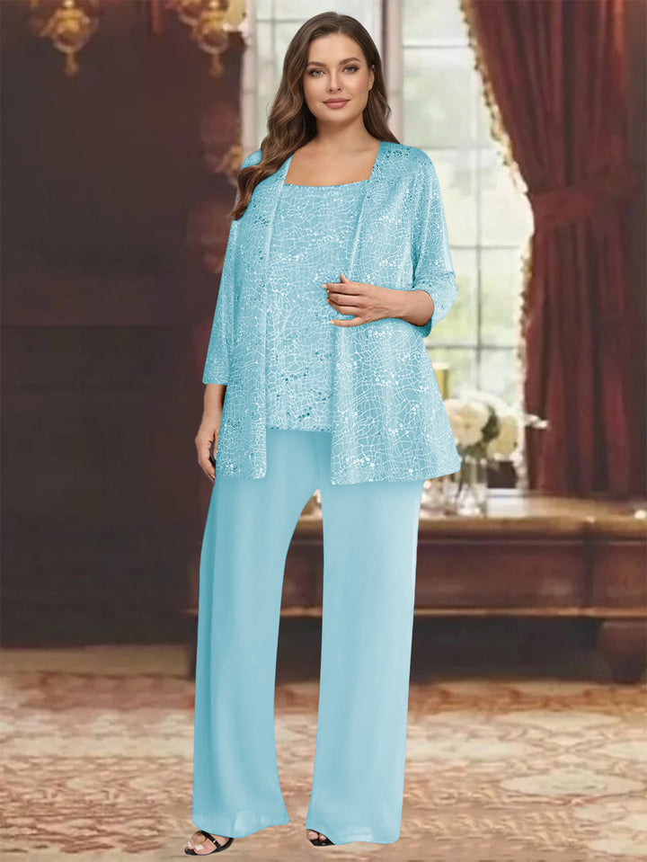 Chiffon Scoop 3/4 Sleeves 3 Pieces Pantsuits with Sequin&amp; Jacket