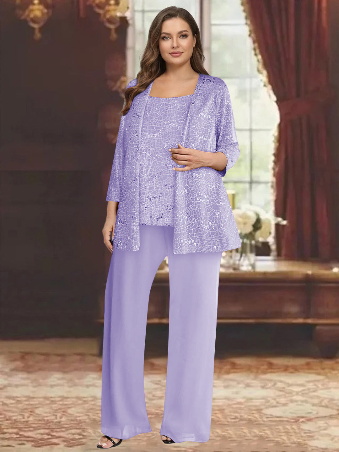 Chiffon Scoop 3/4 Sleeves 3 Pieces Pantsuits with Sequin&amp; Jacket