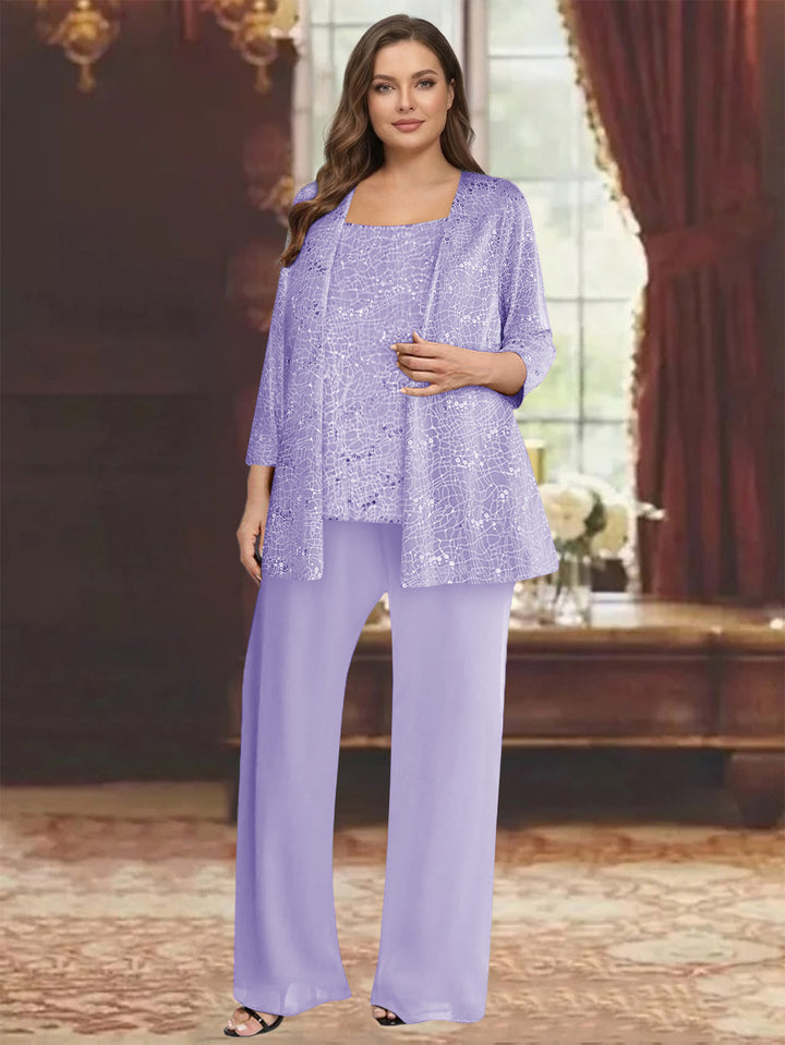 Chiffon Scoop 3/4 Sleeves 3 Pieces Pantsuits with Sequin&amp; Jacket