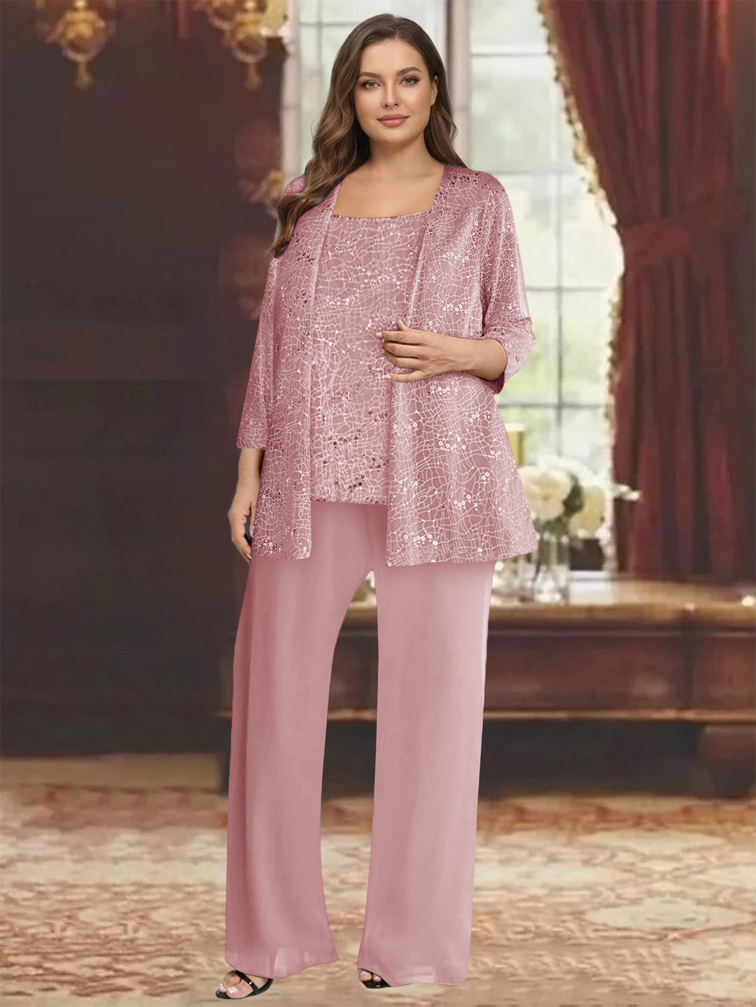 Chiffon Scoop 3/4 Sleeves 3 Pieces Pantsuits with Sequin&amp; Jacket