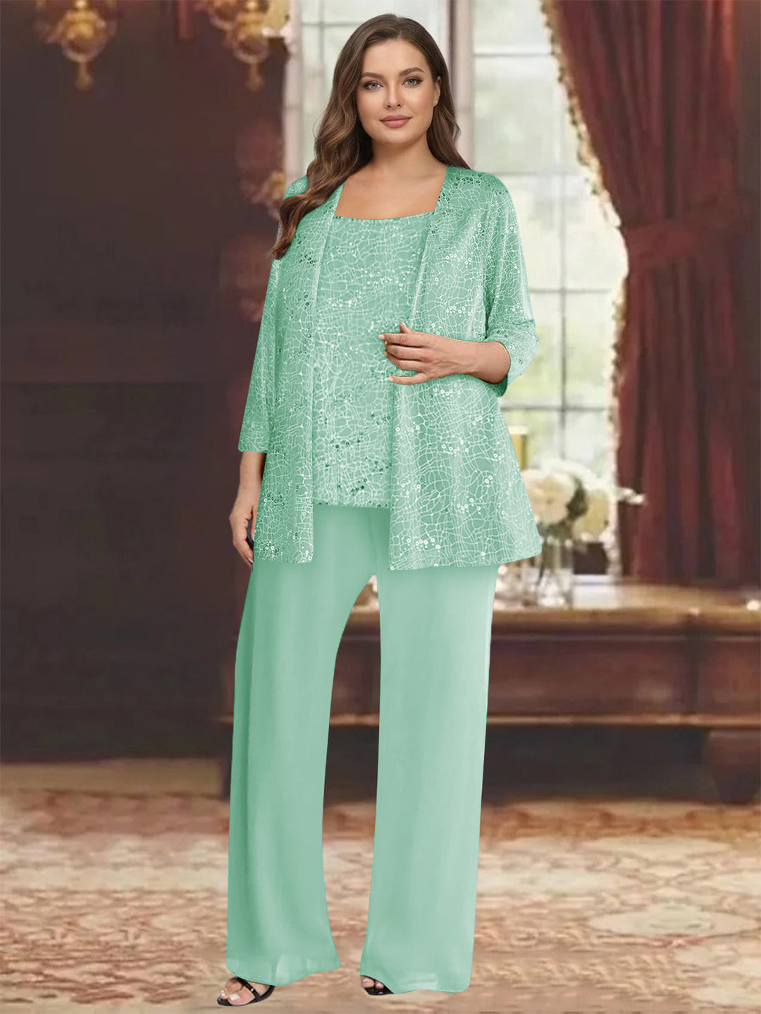 Chiffon Scoop 3/4 Sleeves 3 Pieces Pantsuits with Sequin&amp; Jacket