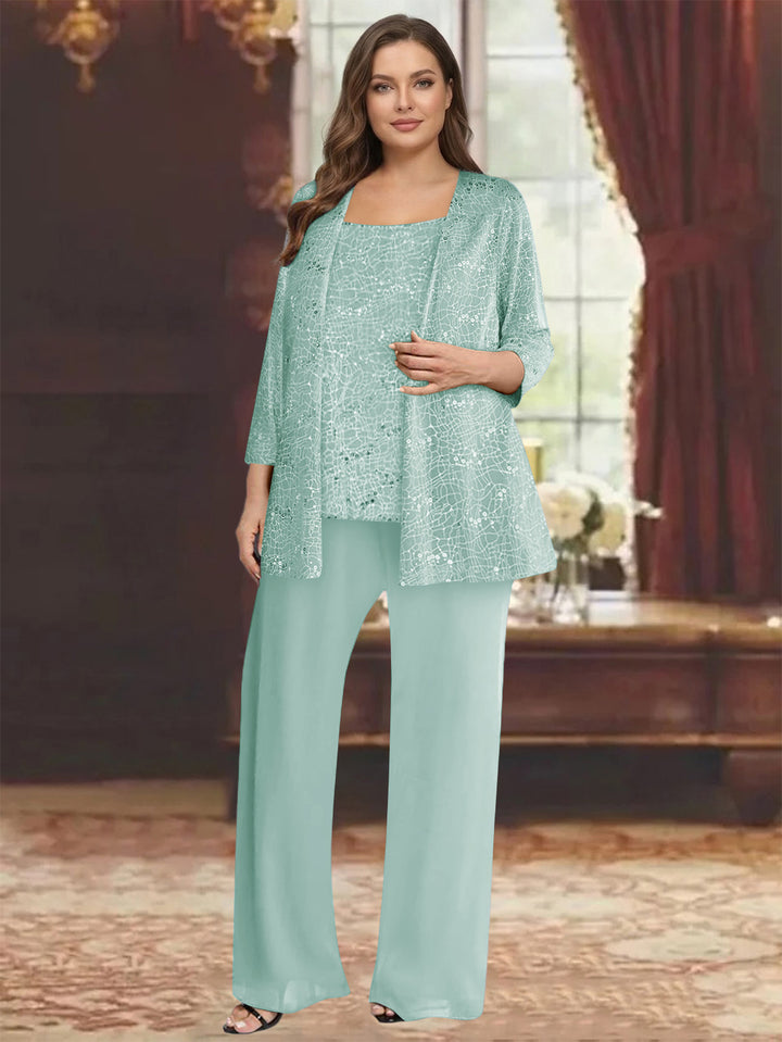 Chiffon Scoop 3/4 Sleeves 3 Pieces Pantsuits with Sequin&amp; Jacket
